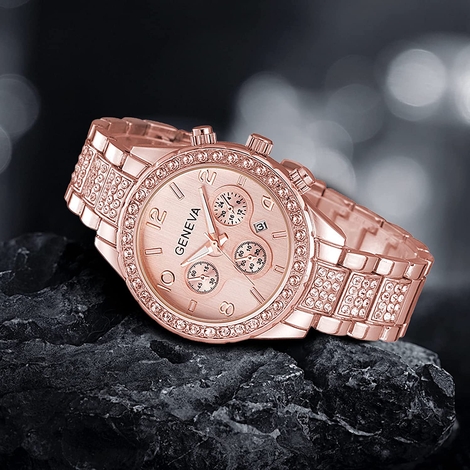Gosasa Luxury Unisex Crystal Diamond Watches Quartz Digital Calendar Rose Gold Silver Stainless Steel Watch - Image 5